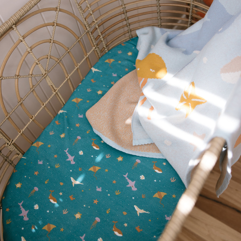 Ocean Creatures Marine Organic Fitted Bassinet Sheet/Change Pad Cover