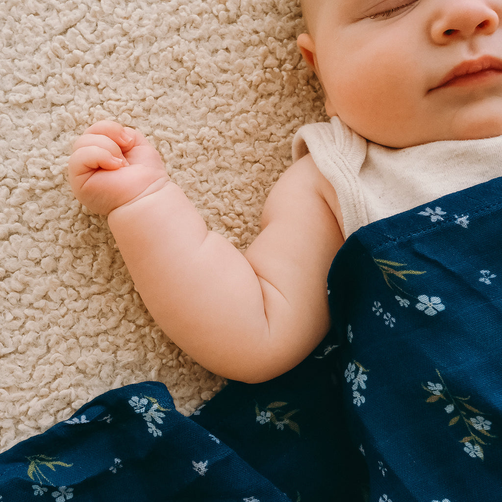 Forget-Me-Not Navy Organic Muslin Wrap Swaddle - LOW STOCK