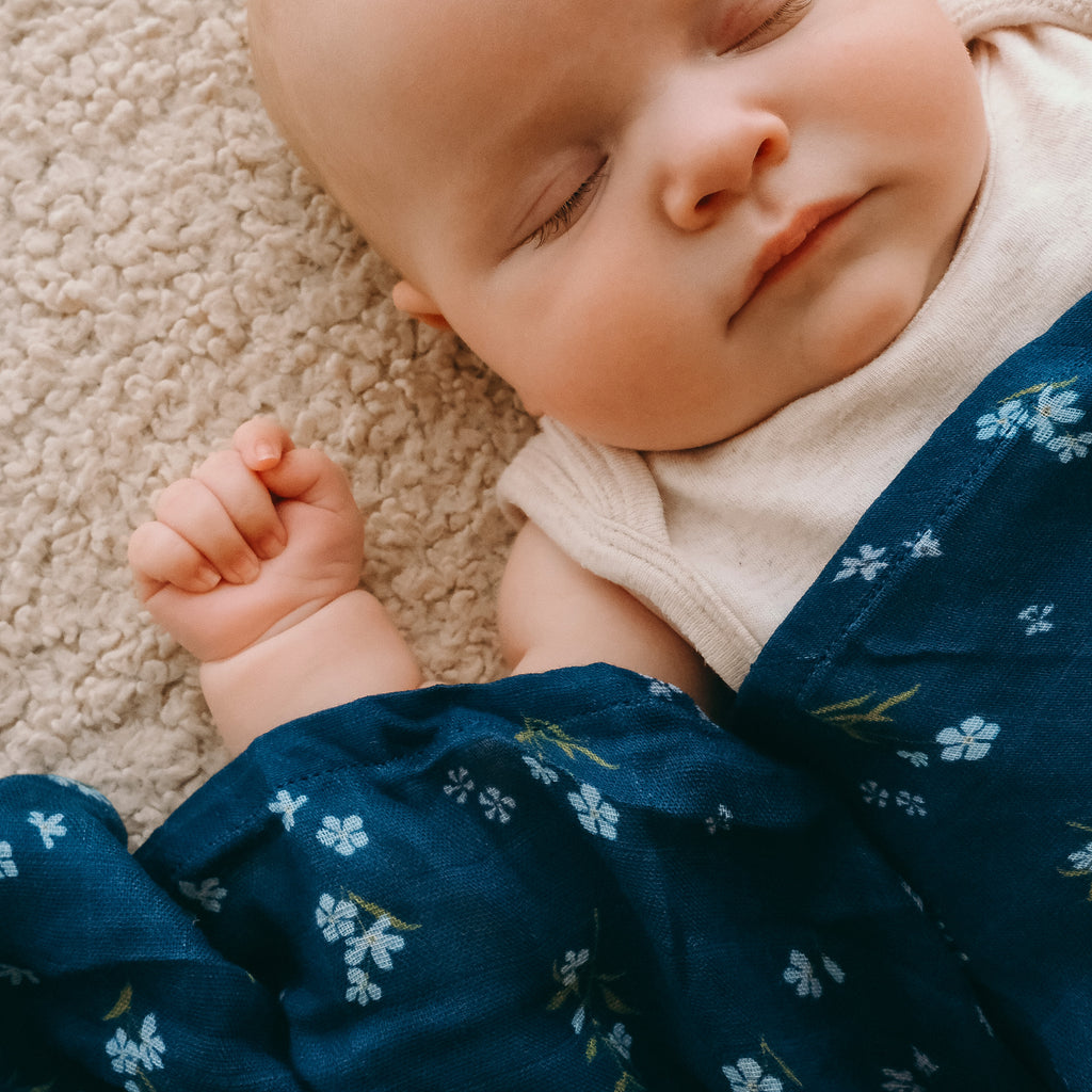 Forget-Me-Not Navy Organic Fitted Bassinet Sheet/Change Pad Cover