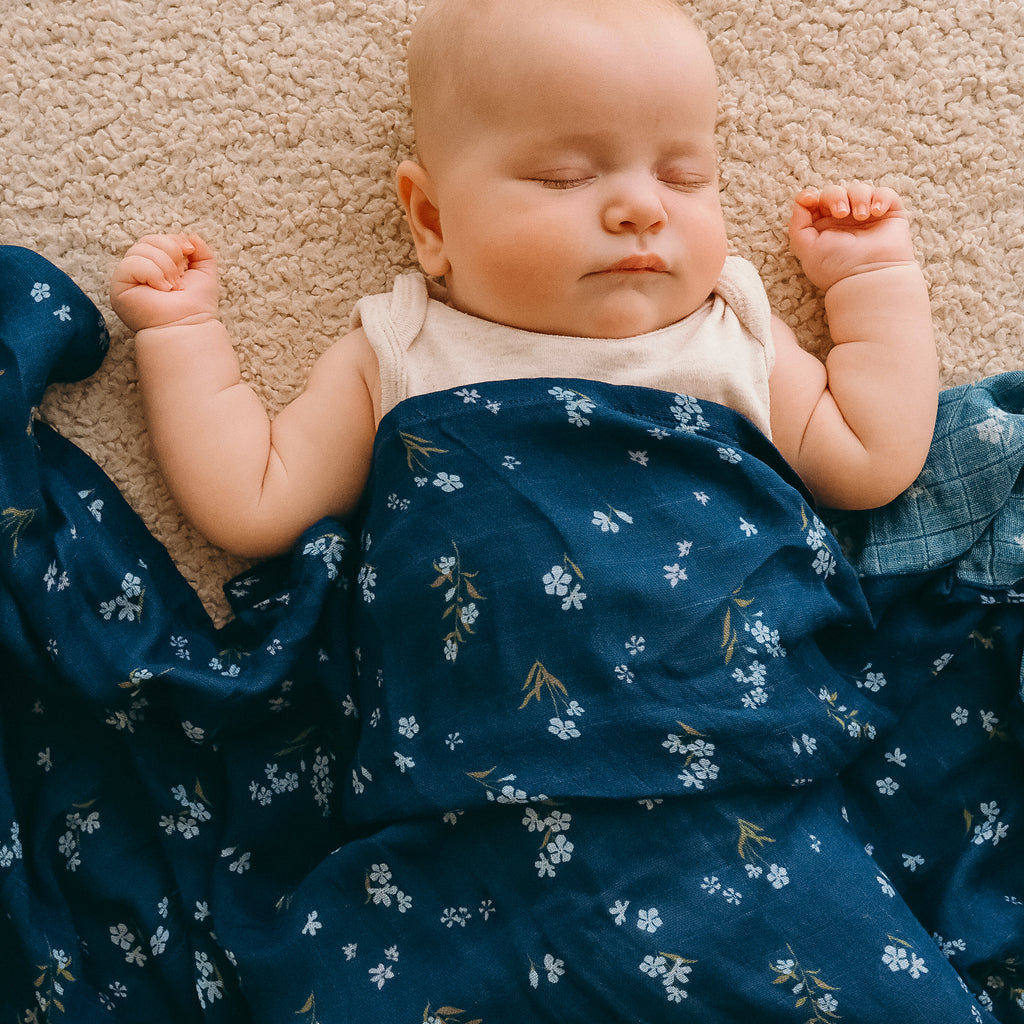Forget-Me-Not Navy Organic Muslin Wrap Swaddle - LOW STOCK