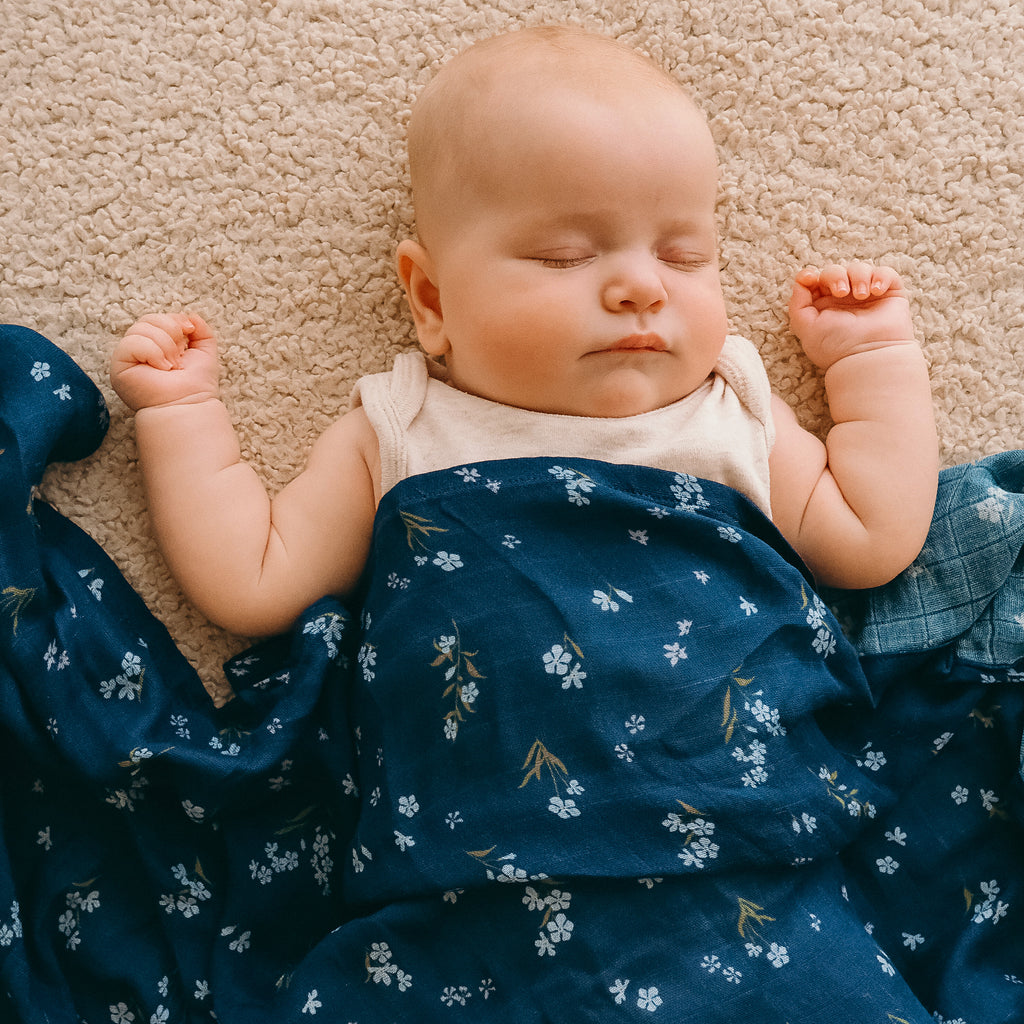 Forget-Me-Not Navy Organic Fitted Bassinet Sheet/Change Pad Cover