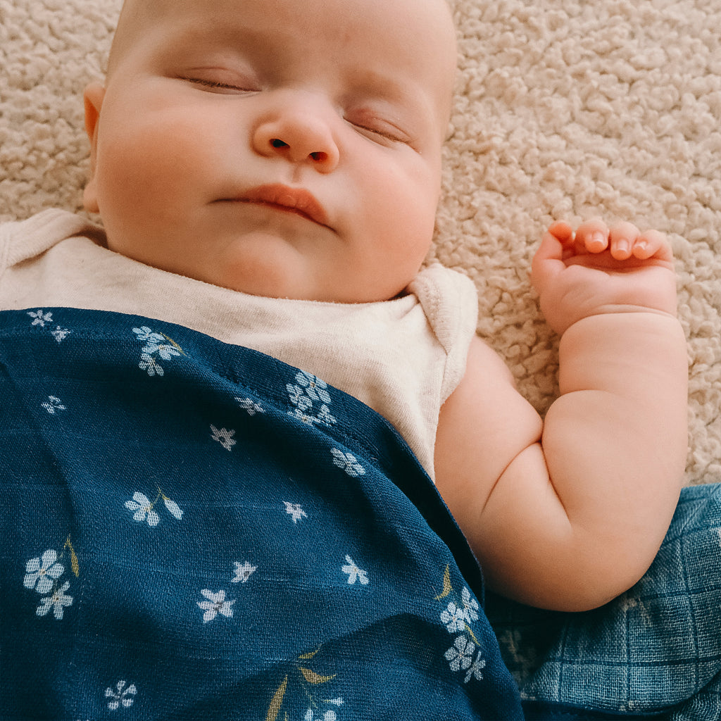 Forget-Me-Not Navy Organic Muslin Wrap Swaddle - LOW STOCK