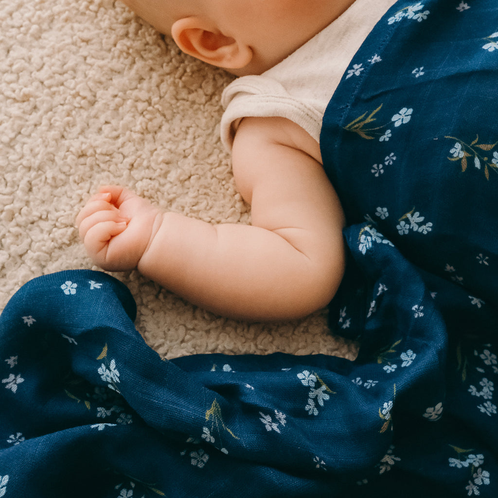 Forget-Me-Not Navy Organic Muslin Wrap Swaddle - LOW STOCK