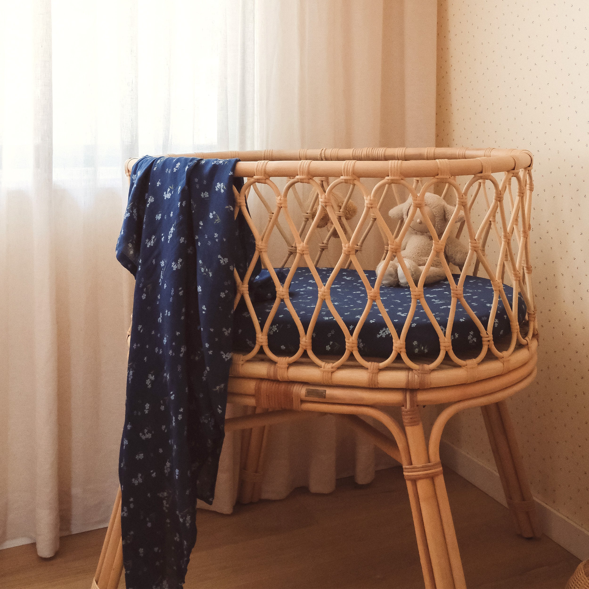 Forget-Me-Not Navy Organic Fitted Bassinet Sheet/Change Pad Cover