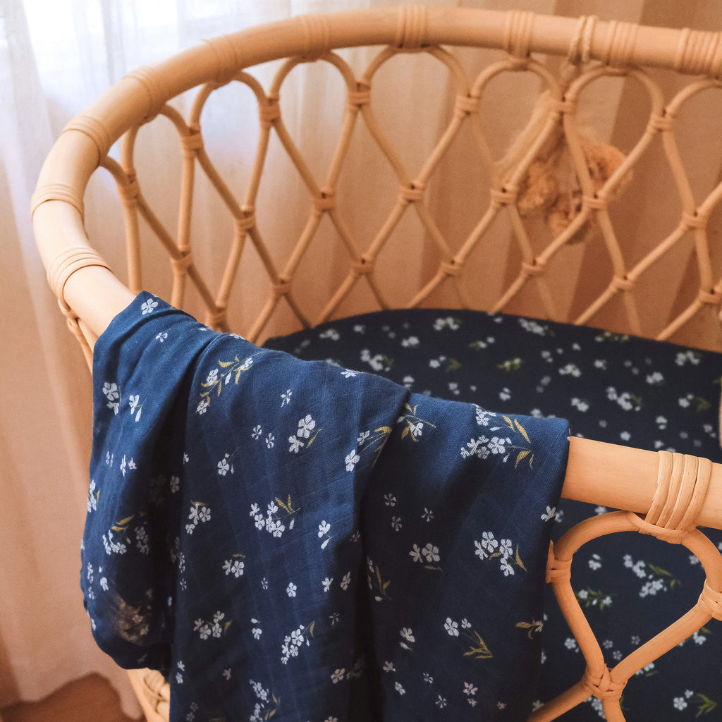 Forget-Me-Not Navy Organic Muslin Wrap Swaddle - LOW STOCK