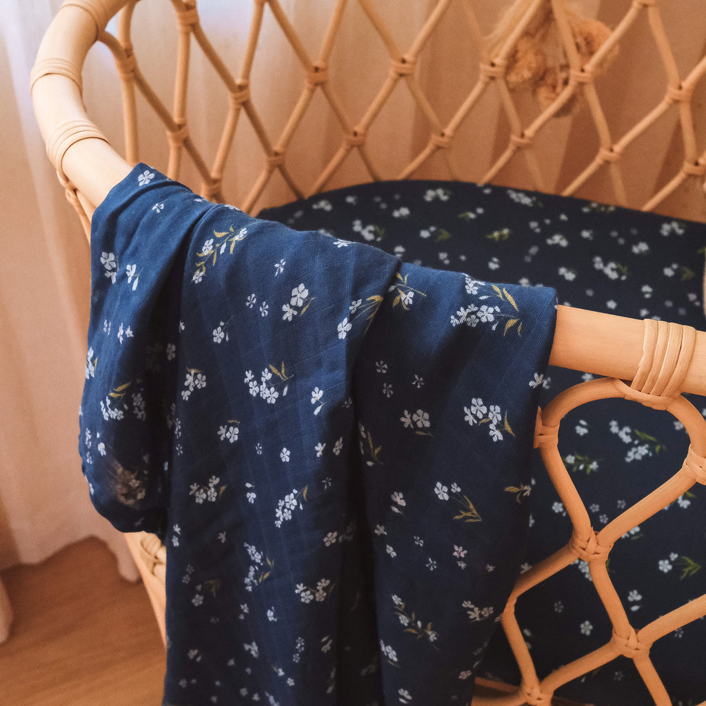 Forget-Me-Not Navy Organic Muslin Wrap Swaddle - LOW STOCK