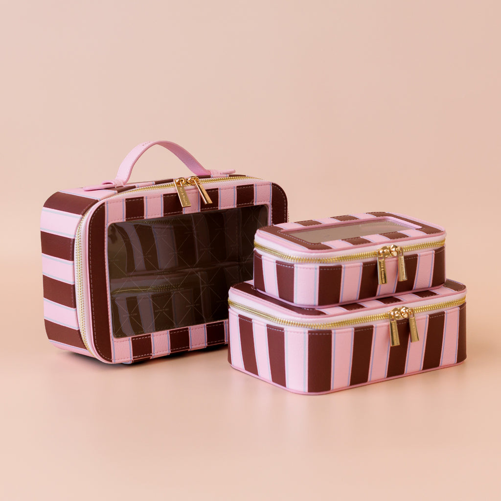 Burgundy Stripe Cosmetic Nested Trio Set - PRE-ORDER (MAY)