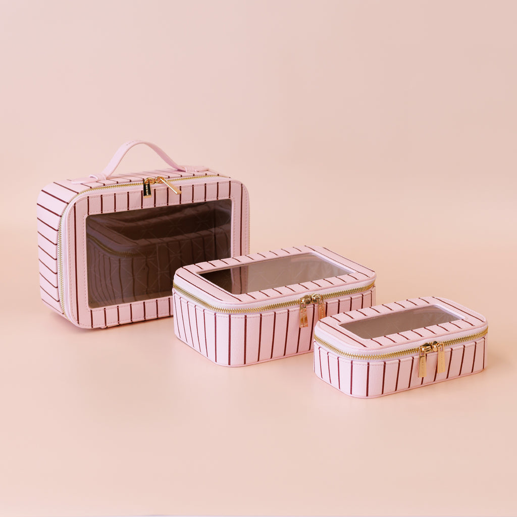 Rosé Pinstripe Cosmetic Nested Trio Set