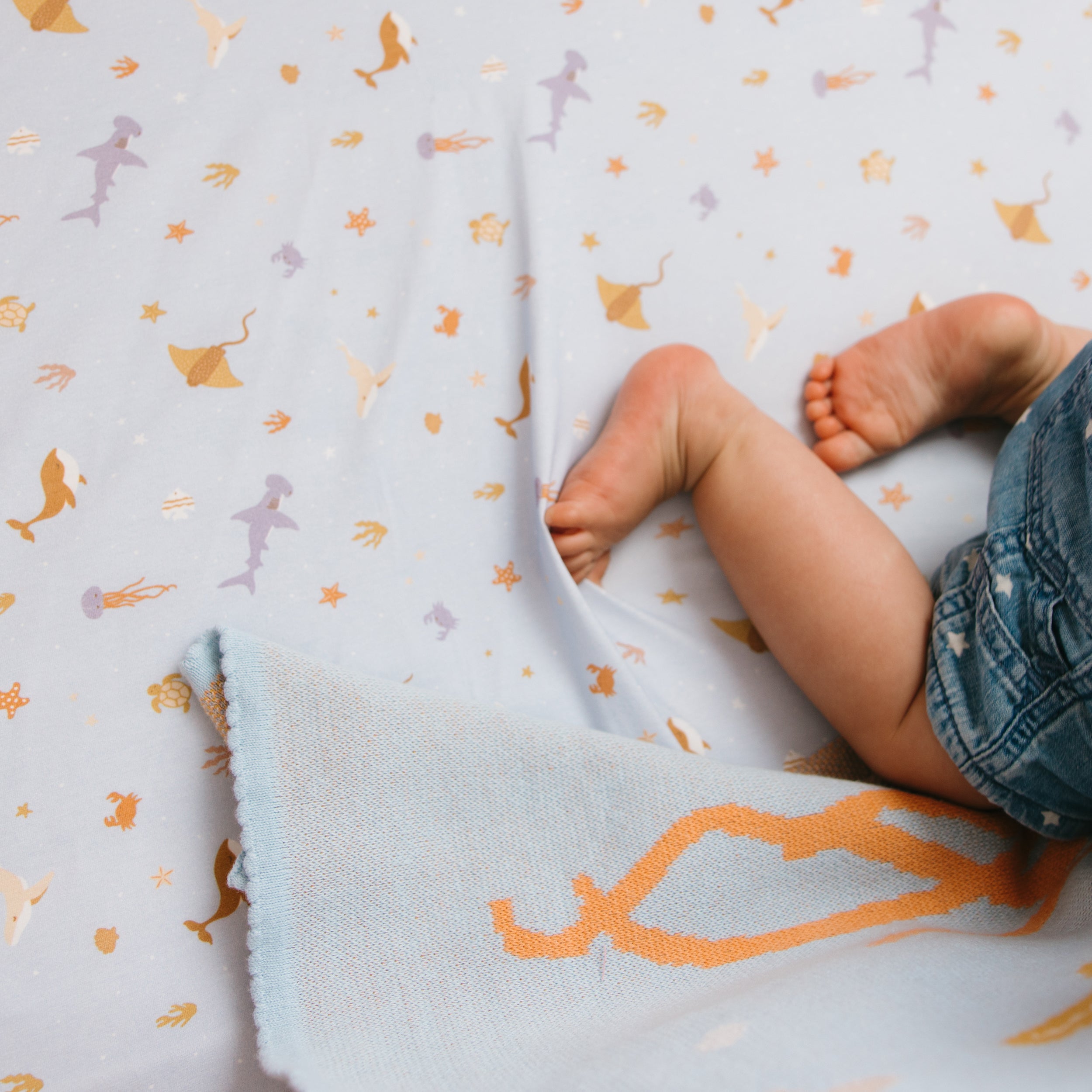 Ocean Creatures Sky Organic Fitted Cot Sheet - PRE-ORDER (JUNE)