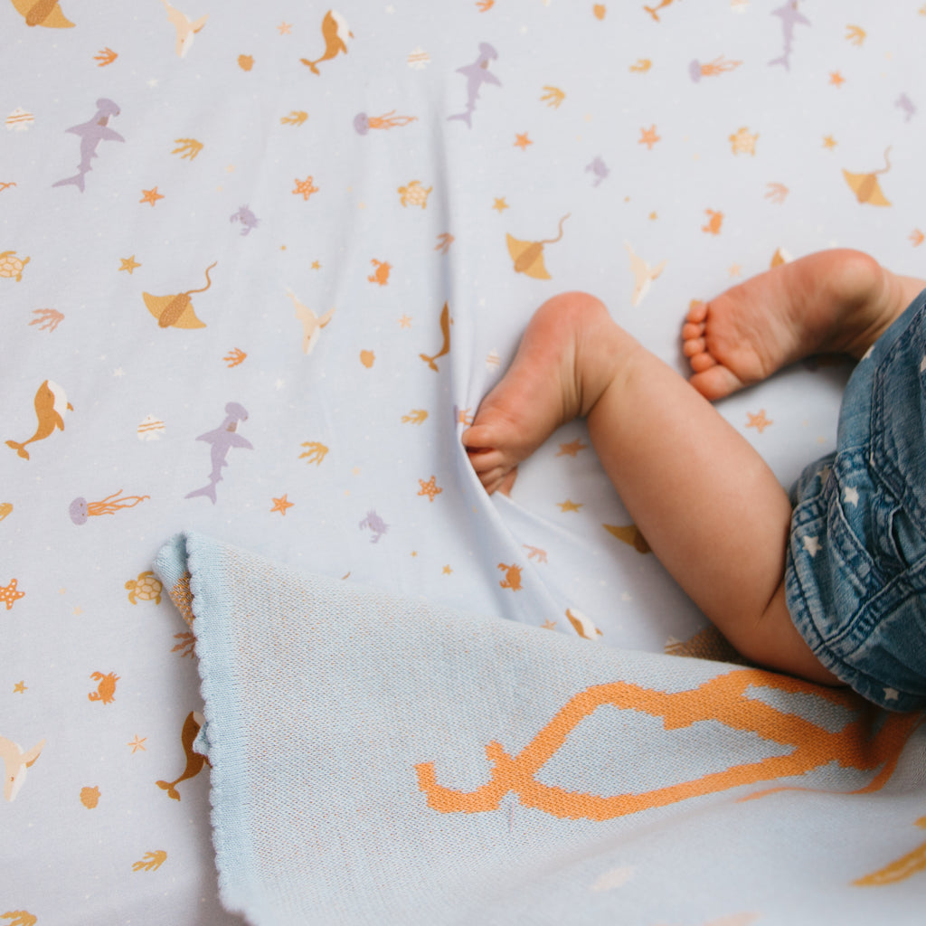 Ocean Creatures Sky Organic Fitted Bassinet Sheet/Change Pad Cover - SECONDS