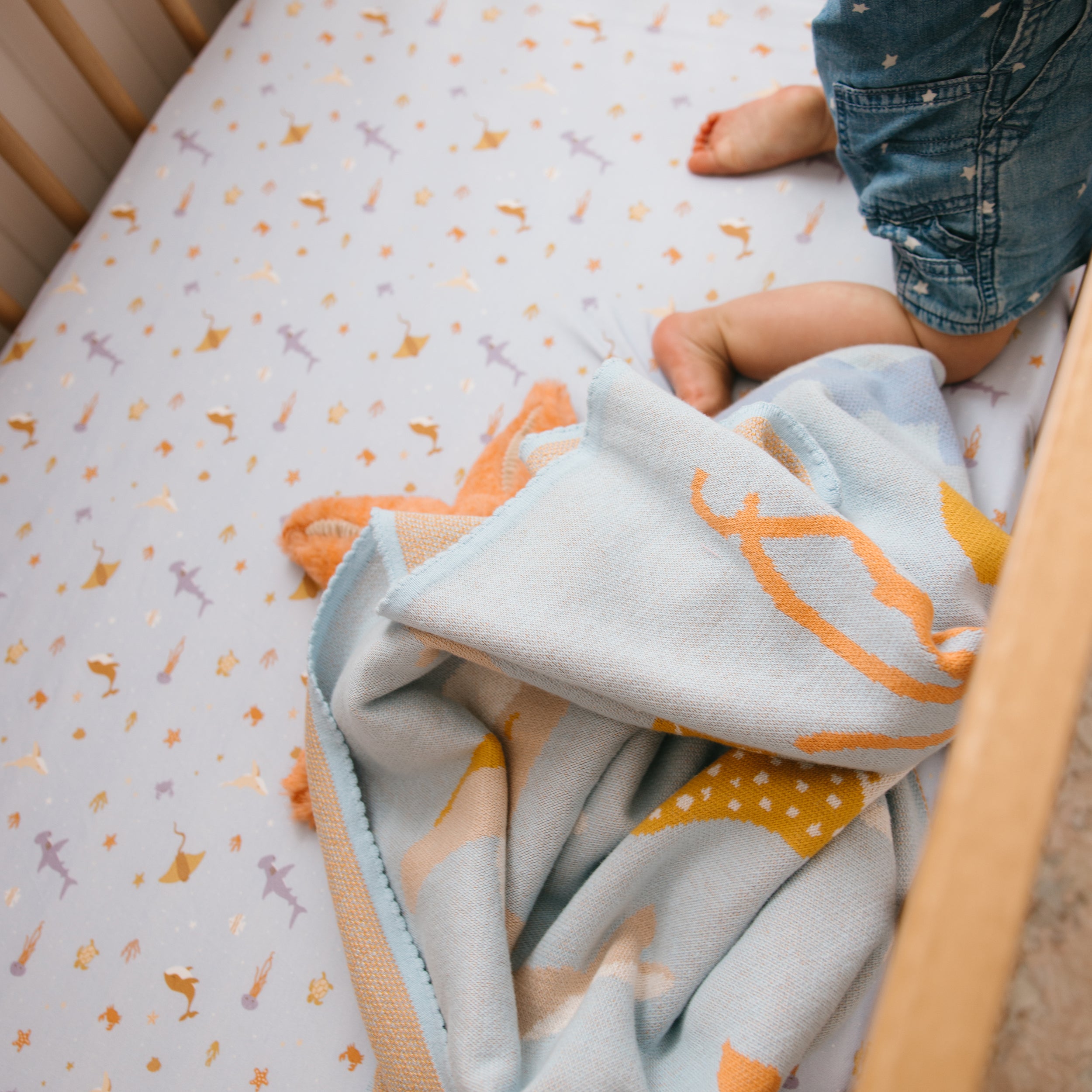 Ocean Creatures Sky Organic Fitted Cot Sheet - PRE-ORDER (JUNE)