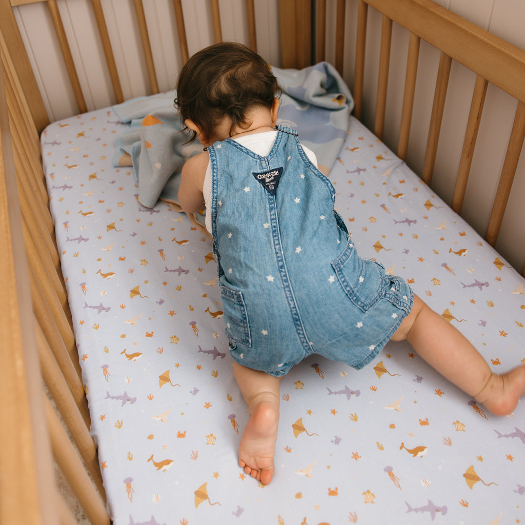 Ocean Creatures Sky Organic Fitted Cot Sheet - PRE-ORDER (JUNE)