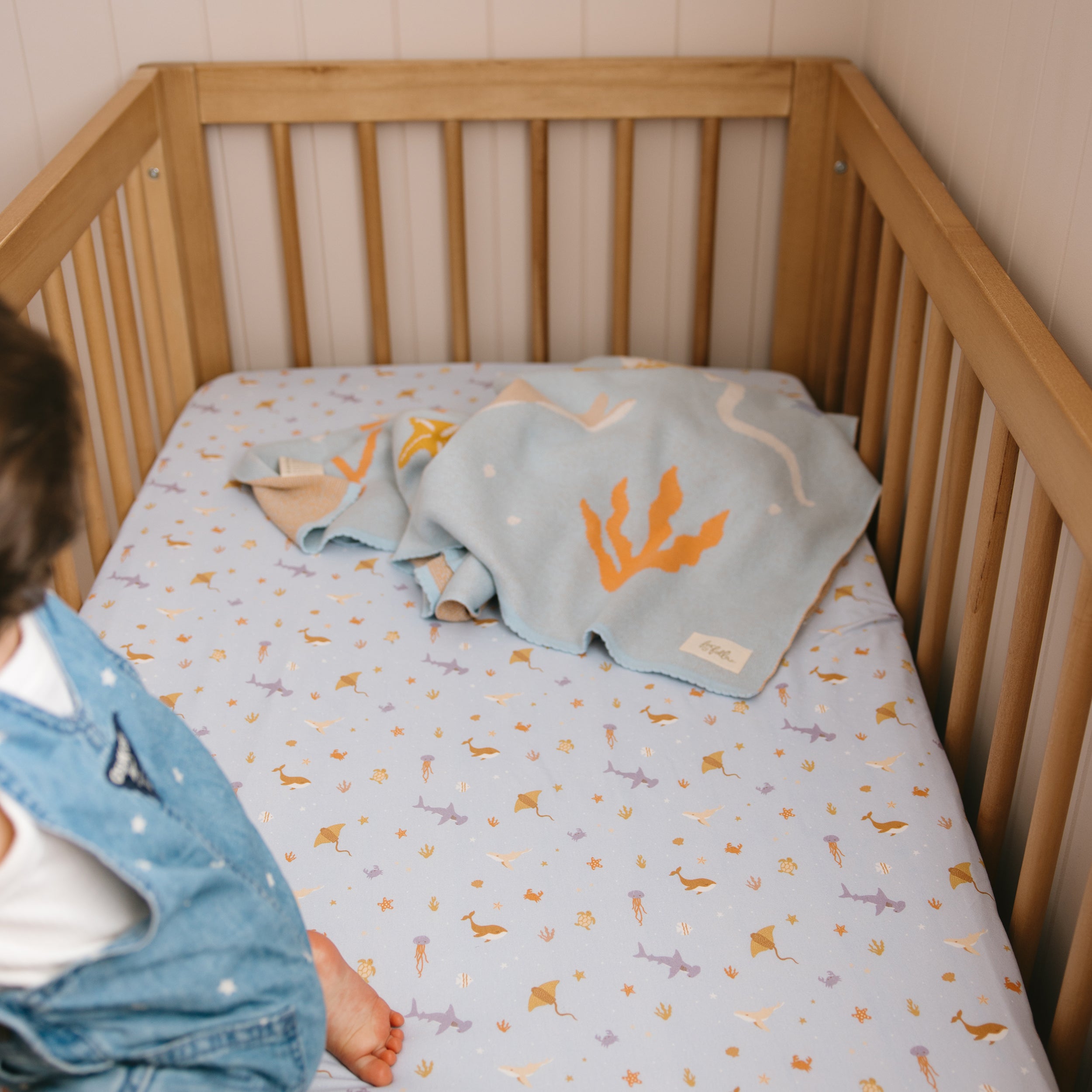 Ocean Creatures Sky Organic Fitted Cot Sheet - PRE-ORDER (JUNE)