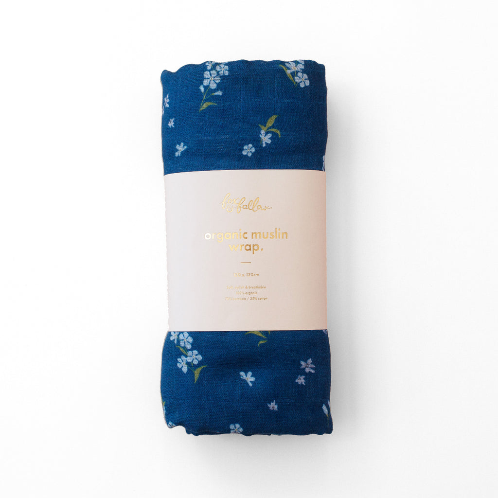 Forget-Me-Not Navy Organic Muslin Wrap Swaddle - LOW STOCK