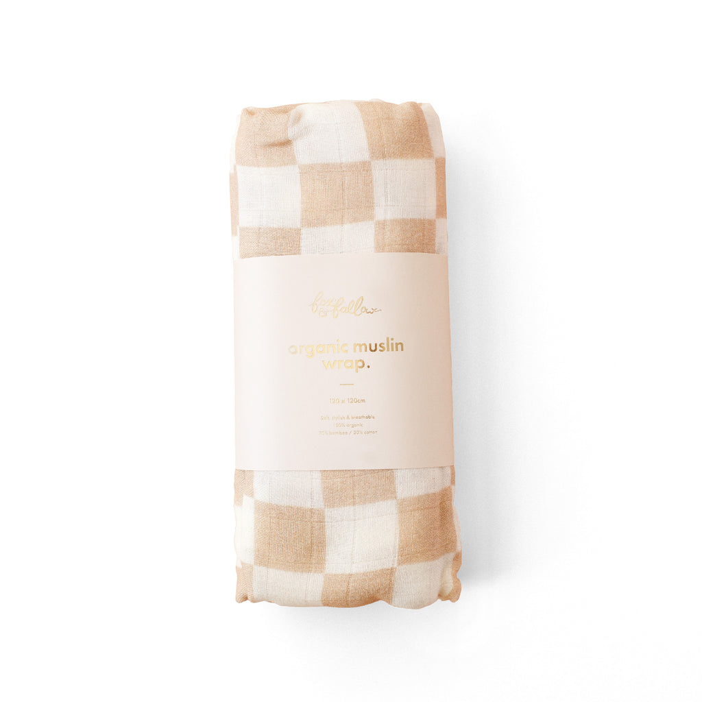 Caramel Check Organic Muslin Wrap Swaddle - PRE-ORDER (ARRIVING APRIL)