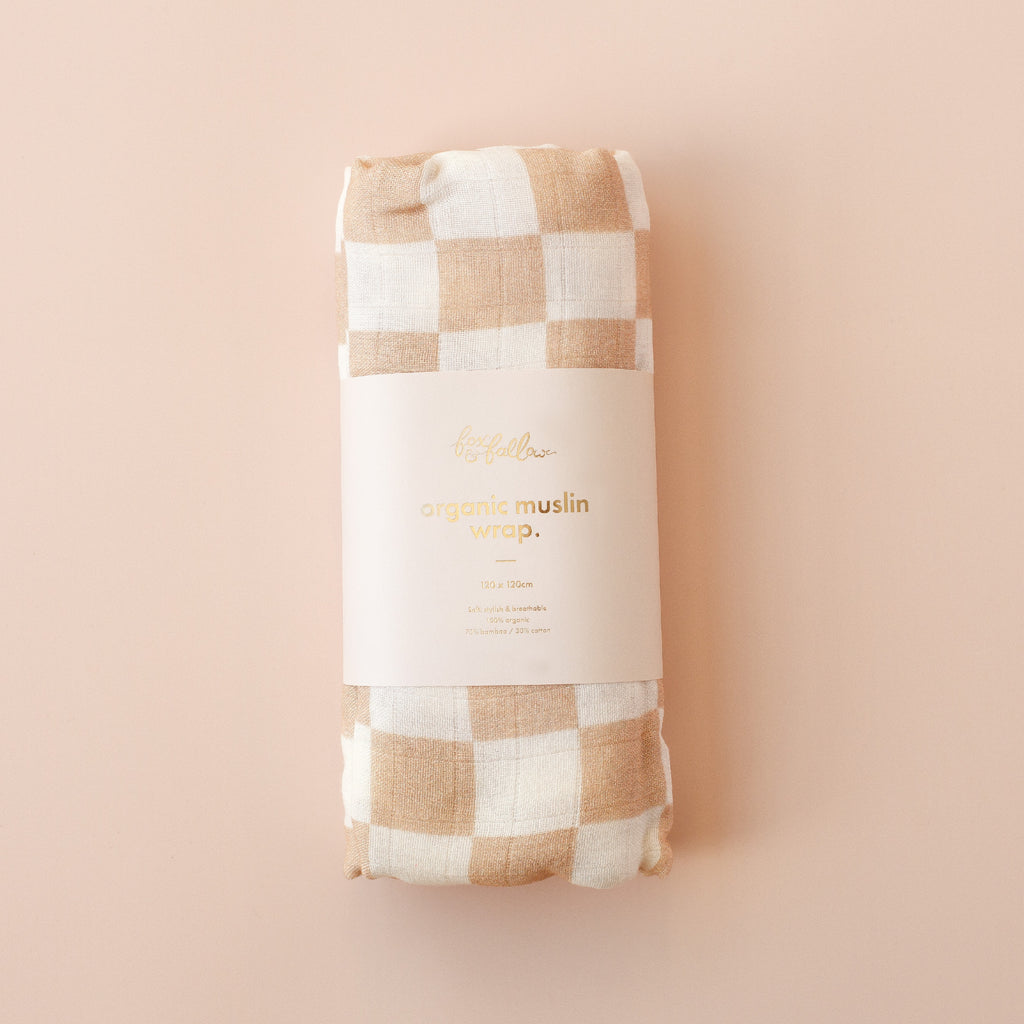 Caramel Check Organic Muslin Wrap Swaddle - PRE-ORDER (ARRIVING APRIL)