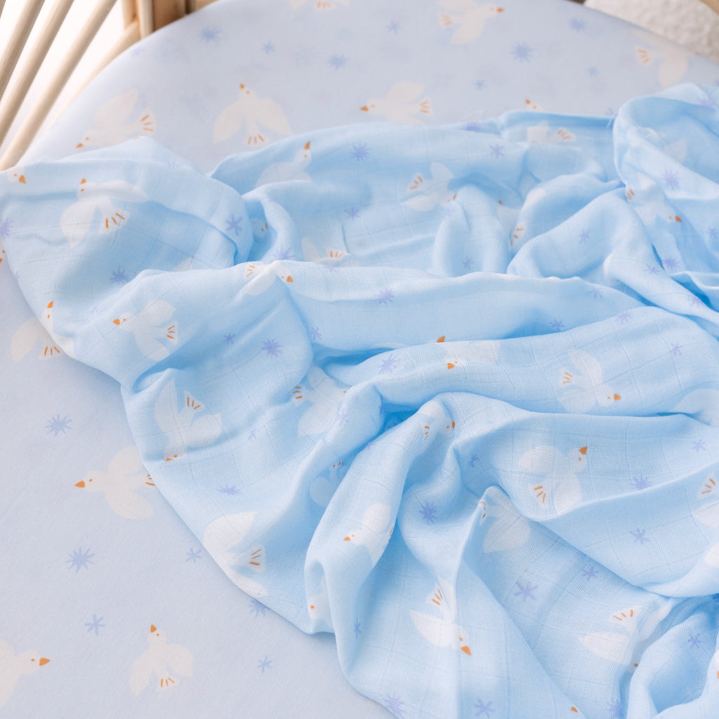 Blue Doves Muslin Wrap Swaddle