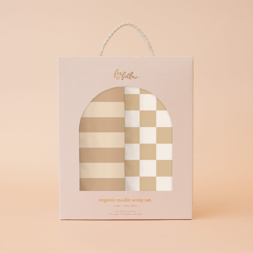 Coffee Stripe / Caramel Check Organic Muslin Wrap Set - SOLD OUT (NEXT DROP ARRIVING APRIL 2026)
