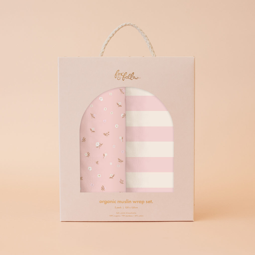 Dusty Roses / Petal Stripe Organic Muslin Wrap Set - PRE-ORDER (MARCH)