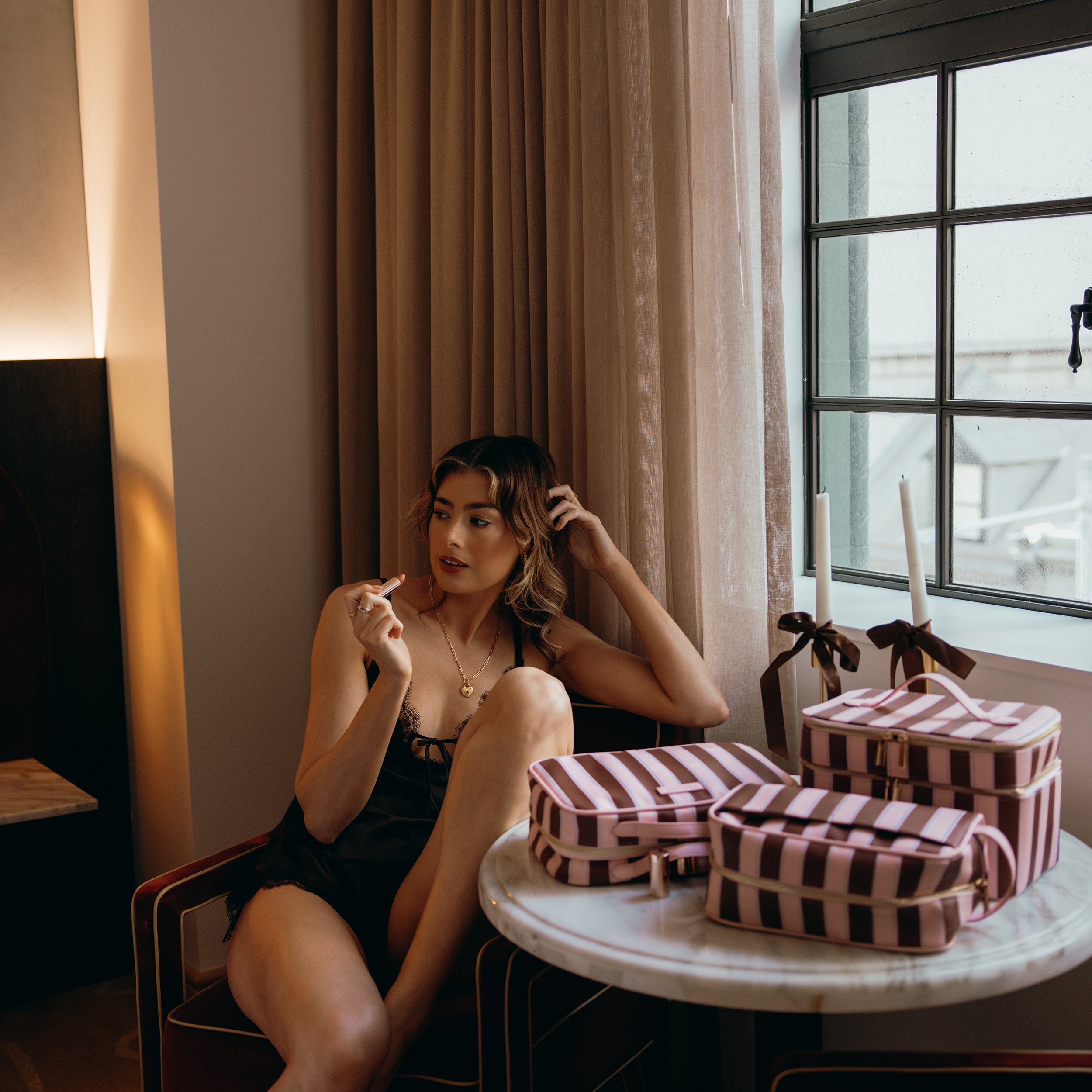 Burgundy Stripe Cosmetic Bag