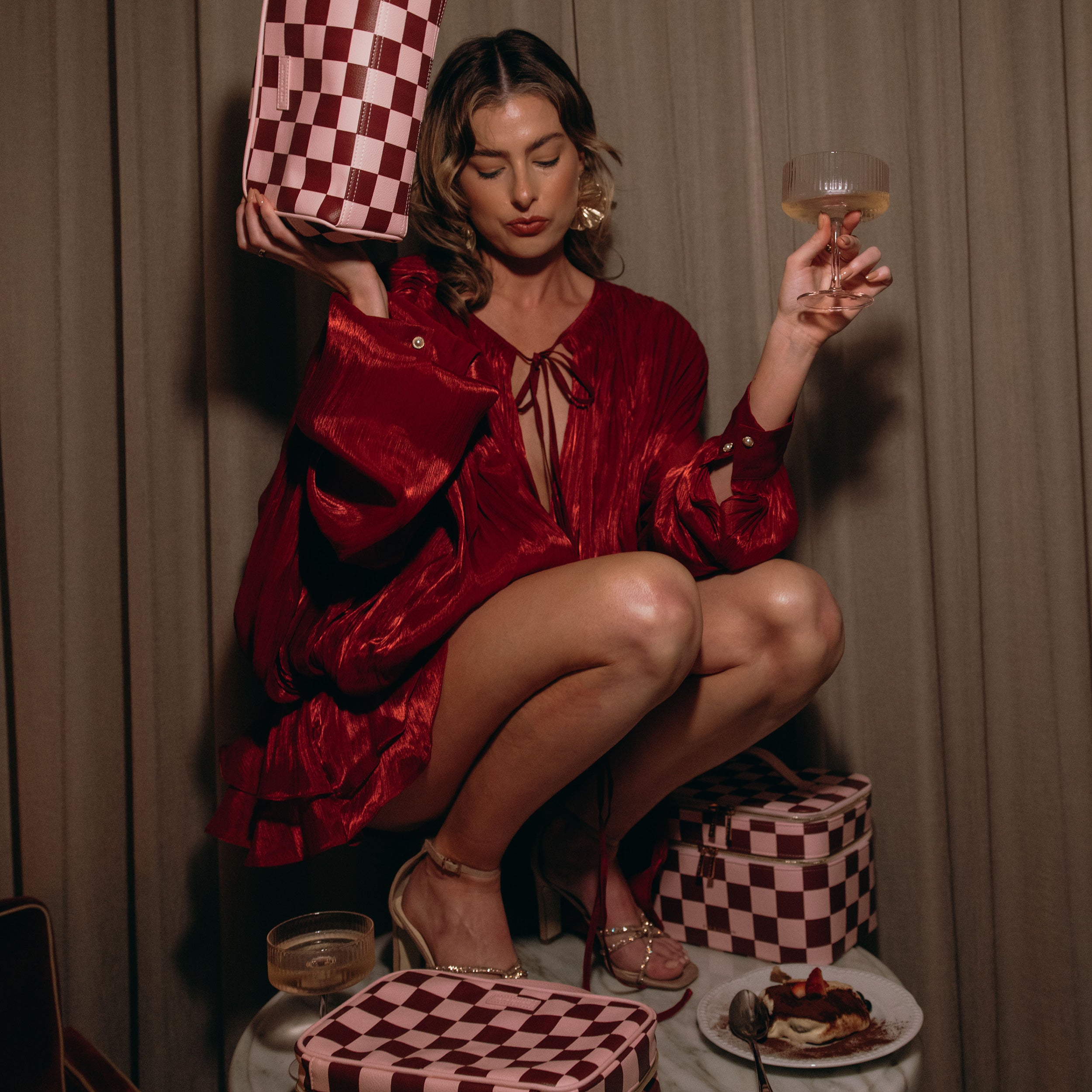 Cherry Check Wash Bag